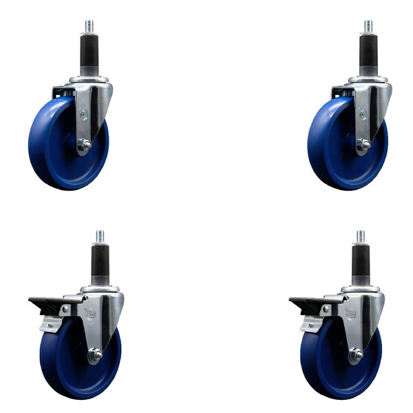 5'' Solid Poly Wheel Swivel 1-1/8'' Expanding Stem Caster Set 2 Brakes, 4PK